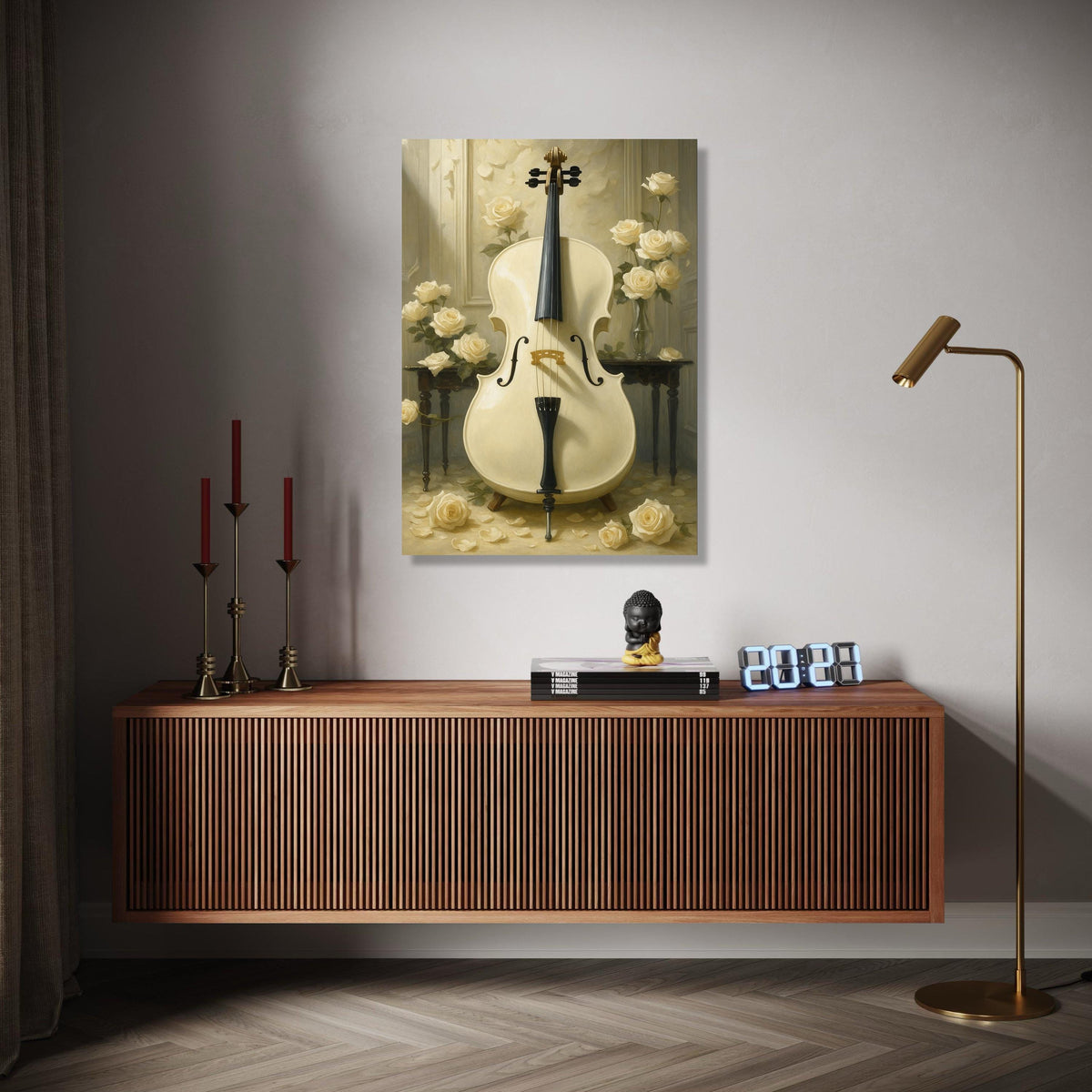 Elegant White Cello Canvas Wall Art, Classical Music Instrument Art, Soft Cream Floral Bouquet, Vintage Home Gift Art, Home Decor, Print
