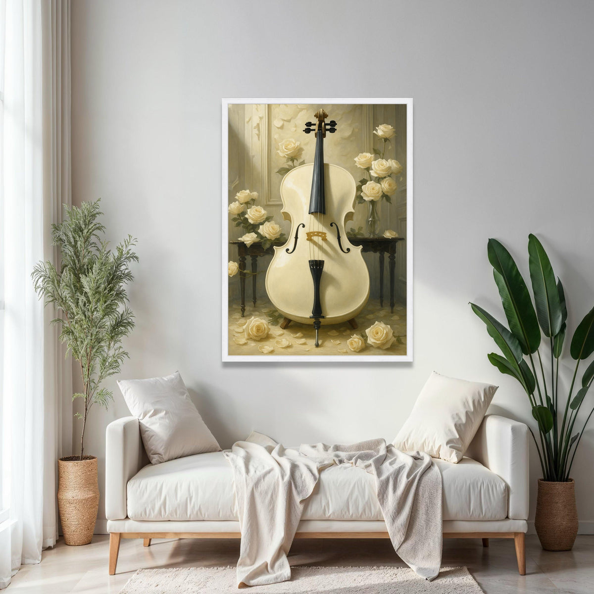 Elegant White Cello Canvas Wall Art, Classical Music Instrument Art, Soft Cream Floral Bouquet, Vintage Home Gift Art, Home Decor, Print