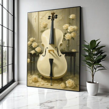 Elegant White Cello Canvas Wall Art, Classical Music Instrument Art, Soft Cream Floral Bouquet, Vintage Home Gift Art, Home Decor, Print