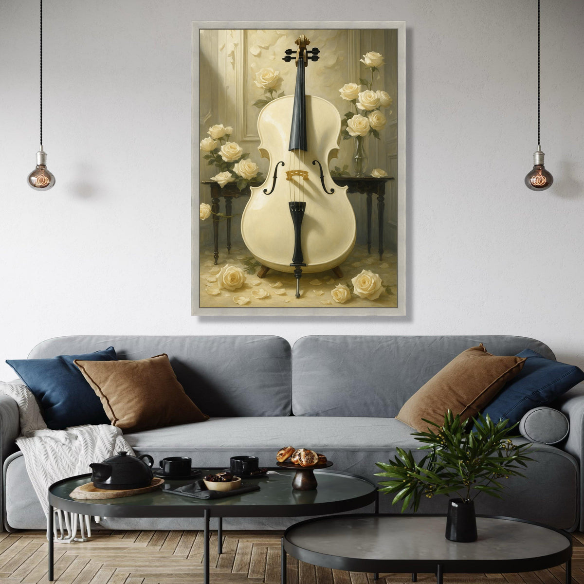 Elegant White Cello Canvas Wall Art, Classical Music Instrument Art, Soft Cream Floral Bouquet, Vintage Home Gift Art, Home Decor, Print