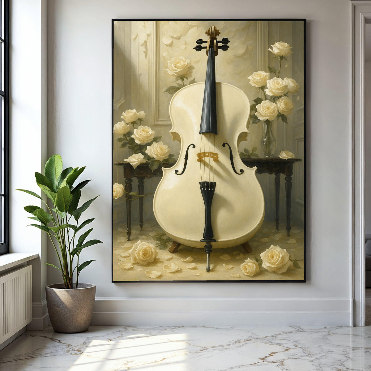 Elegant White Cello Canvas Wall Art, Classical Music Instrument Art, Soft Cream Floral Bouquet, Vintage Home Gift Art, Home Decor, Print