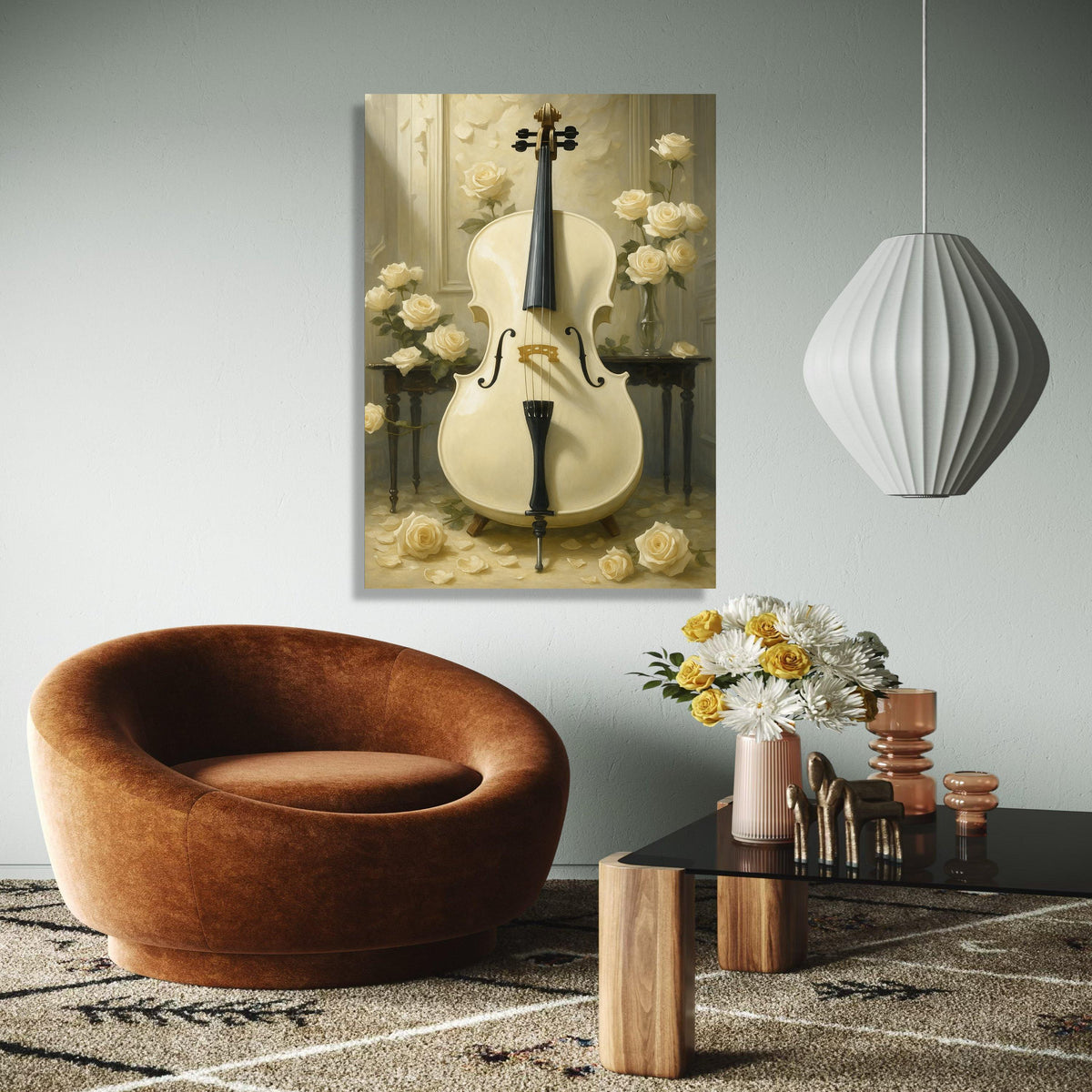 Elegant White Cello Canvas Wall Art, Classical Music Instrument Art, Soft Cream Floral Bouquet, Vintage Home Gift Art, Home Decor, Print