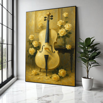 Elegant Cello with Yellow Roses Canvas, Musical Instrument Wall Art, Vintage Floral Still Life, Classical Music Gift Art, Home Decor, Print