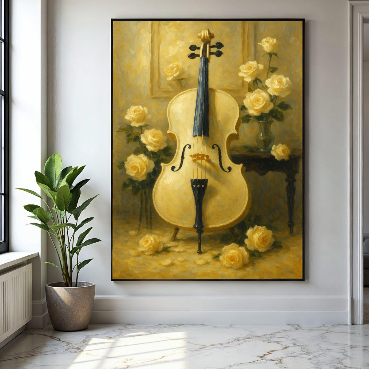 Elegant Cello with Yellow Roses Canvas, Musical Instrument Wall Art, Vintage Floral Still Life, Classical Music Gift Art, Home Decor, Print