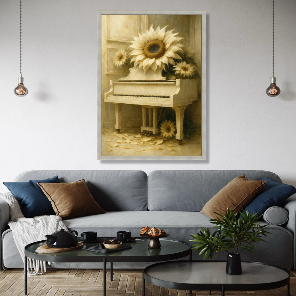 Vintage White Piano with Sunflowers Canvas Wall Art, Rustic Floral Home Decor, Classic Musical Instrument Print, Gift Art, Home Decor, Print