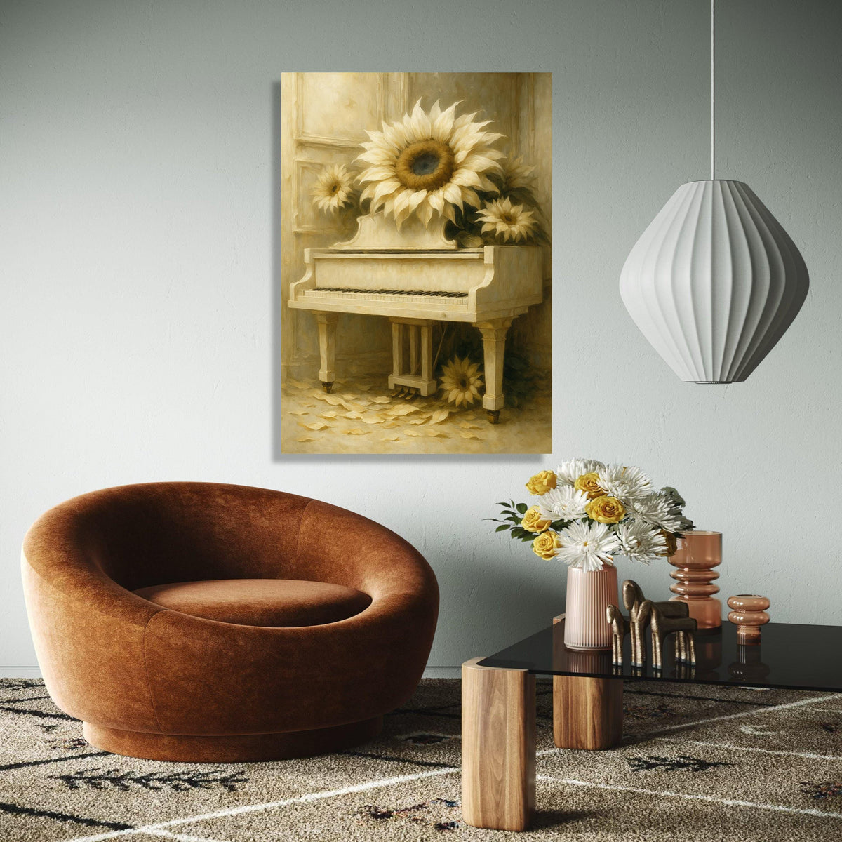 Vintage White Piano with Sunflowers Canvas Wall Art, Rustic Floral Home Decor, Classic Musical Instrument Print, Gift Art, Home Decor, Print