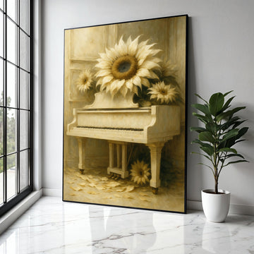Vintage White Piano with Sunflowers Canvas Wall Art, Rustic Floral Home Decor, Classic Musical Instrument Print, Gift Art, Home Decor, Print