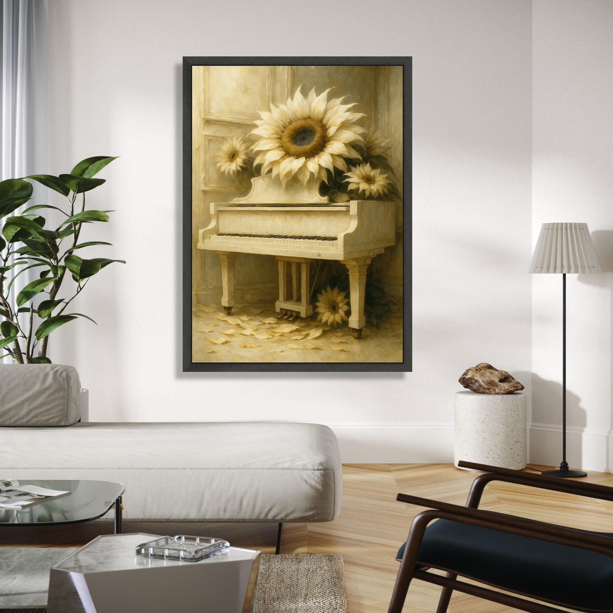 Vintage White Piano with Sunflowers Canvas Wall Art, Rustic Floral Home Decor, Classic Musical Instrument Print, Gift Art, Home Decor, Print