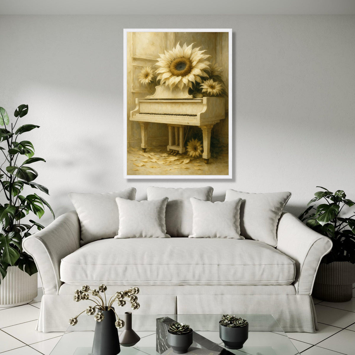 Vintage White Piano with Sunflowers Canvas Wall Art, Rustic Floral Home Decor, Classic Musical Instrument Print, Gift Art, Home Decor, Print