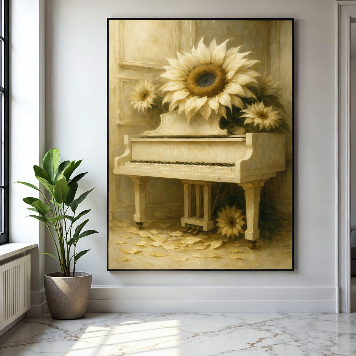Vintage White Piano with Sunflowers Canvas Wall Art, Rustic Floral Home Decor, Classic Musical Instrument Print, Gift Art, Home Decor, Print