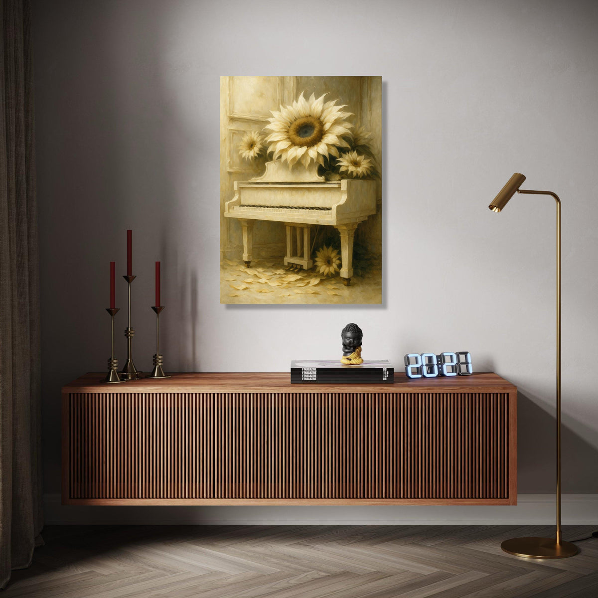 Vintage White Piano with Sunflowers Canvas Wall Art, Rustic Floral Home Decor, Classic Musical Instrument Print, Gift Art, Home Decor, Print