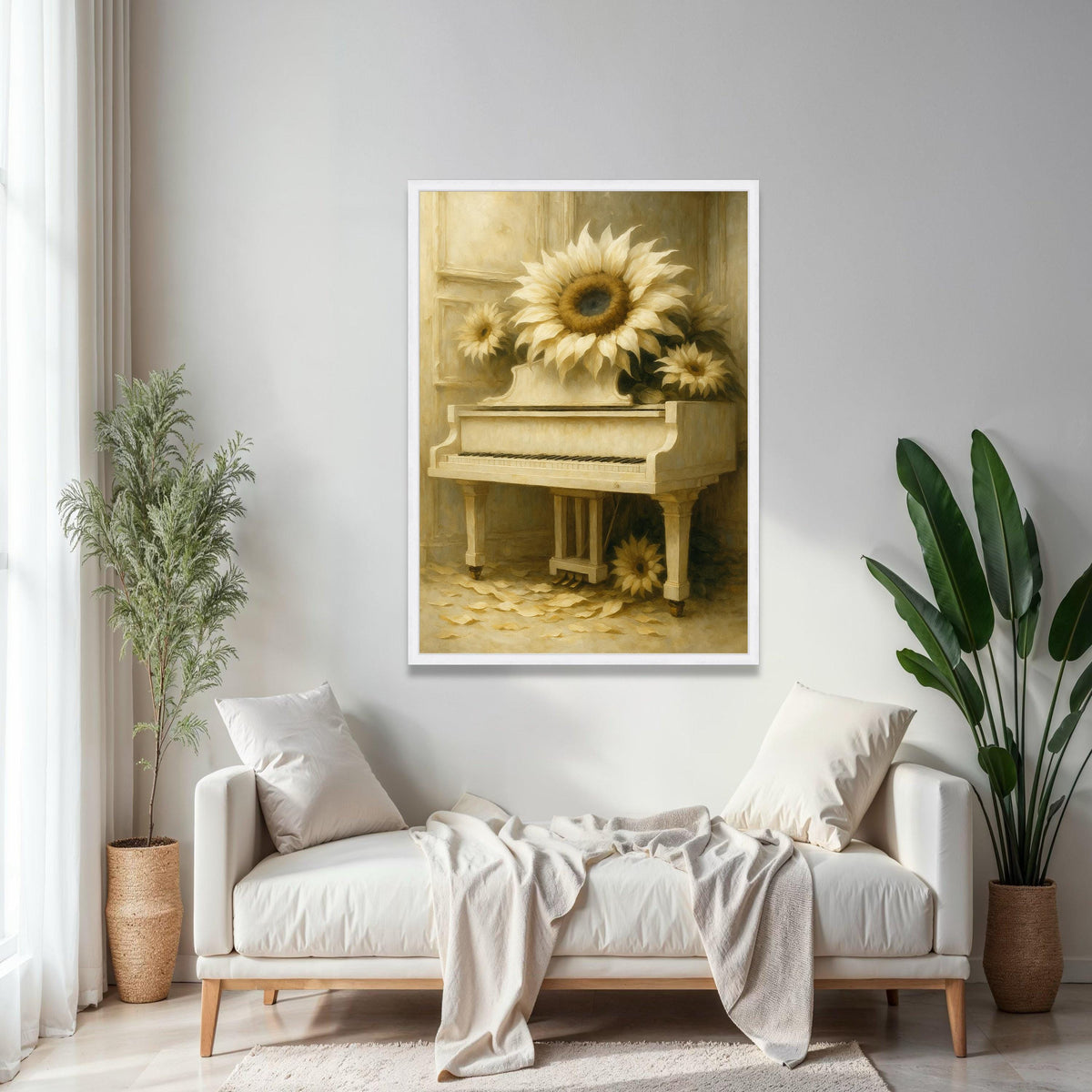 Vintage White Piano with Sunflowers Canvas Wall Art, Rustic Floral Home Decor, Classic Musical Instrument Print, Gift Art, Home Decor, Print
