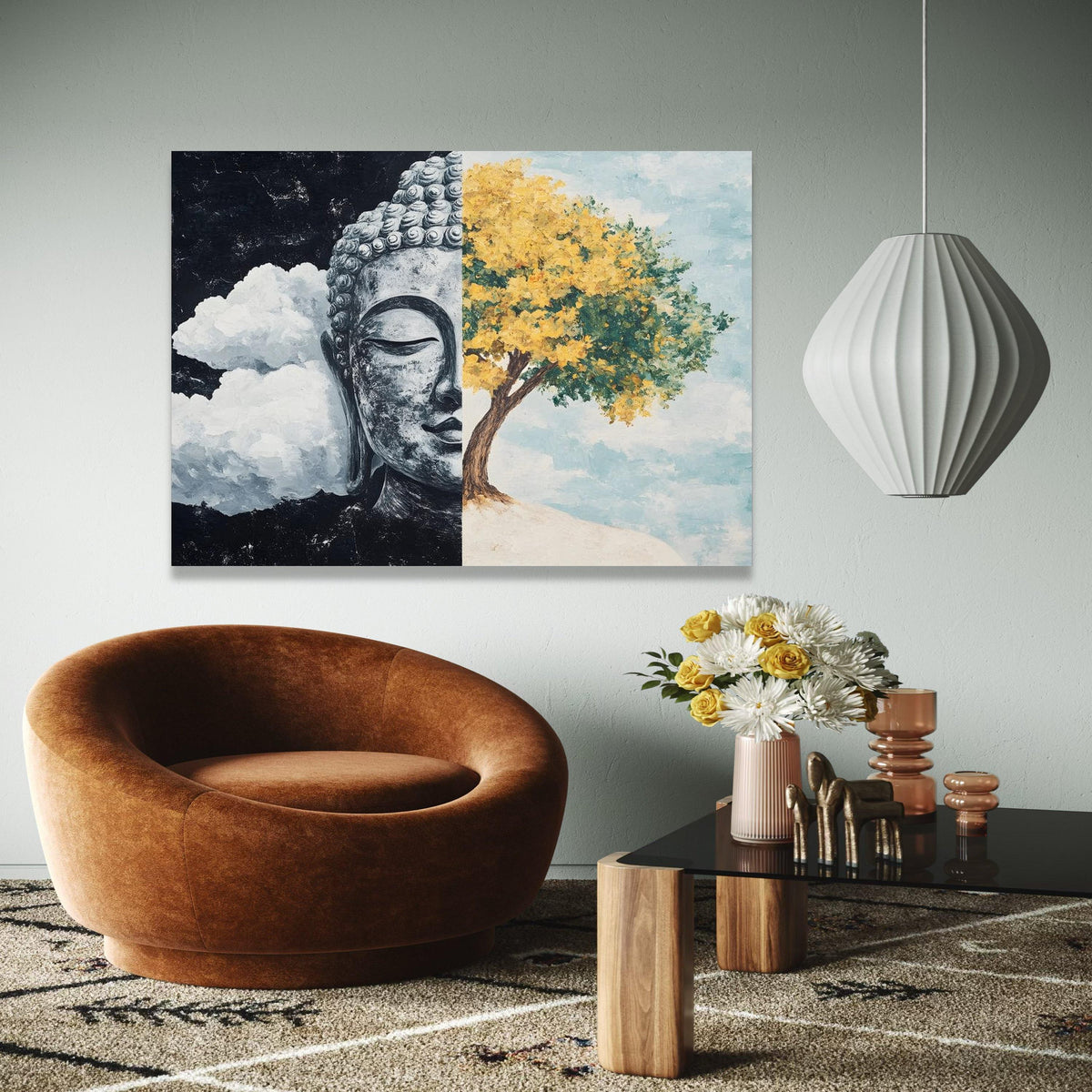 Half Buddha Face and Yellow Tree Canvas Wall Art, Spiritual Zen Decor, Meditation and Nature Landscape, Modern Gift Art, Home Decor, Print