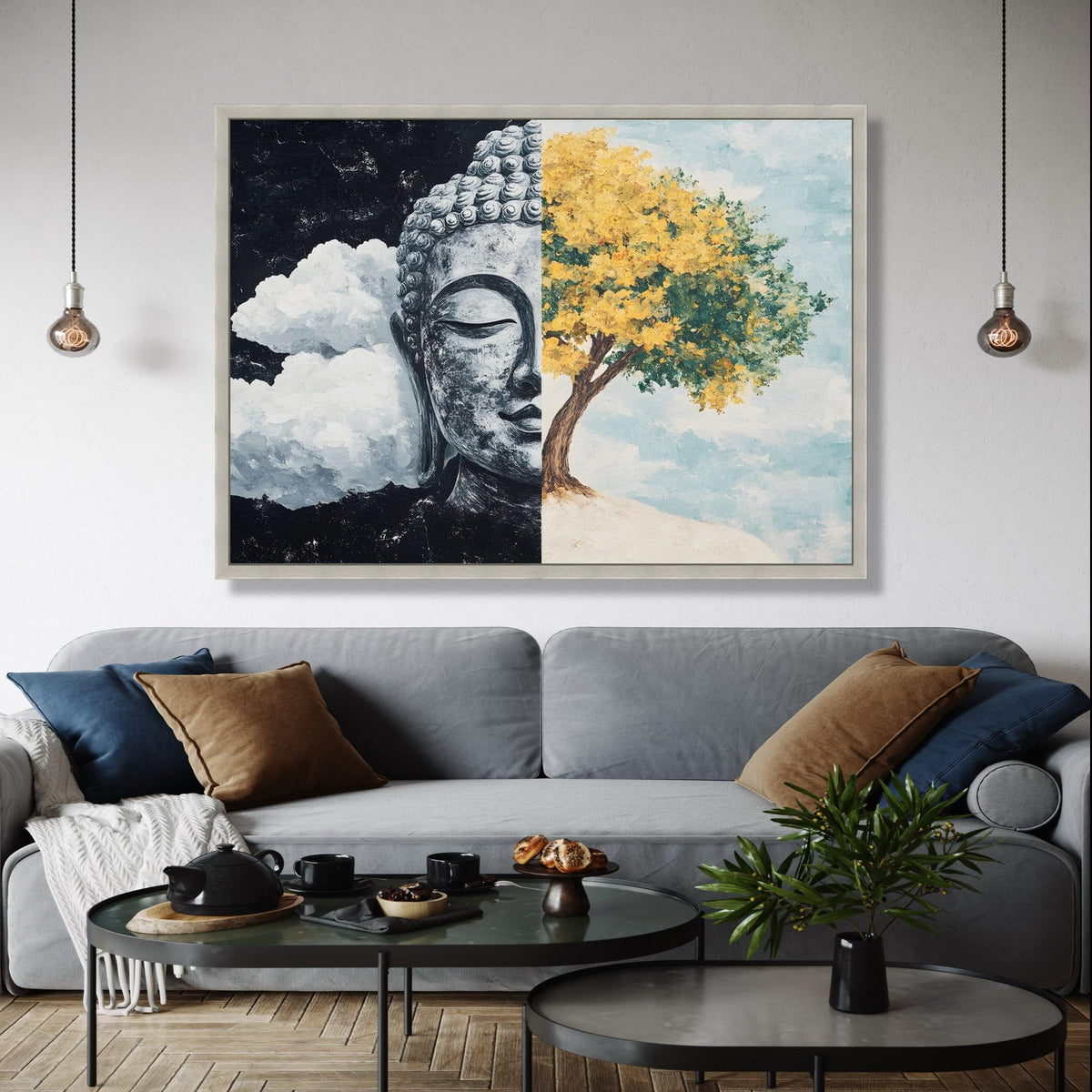 Half Buddha Face and Yellow Tree Canvas Wall Art, Spiritual Zen Decor, Meditation and Nature Landscape, Modern Gift Art, Home Decor, Print