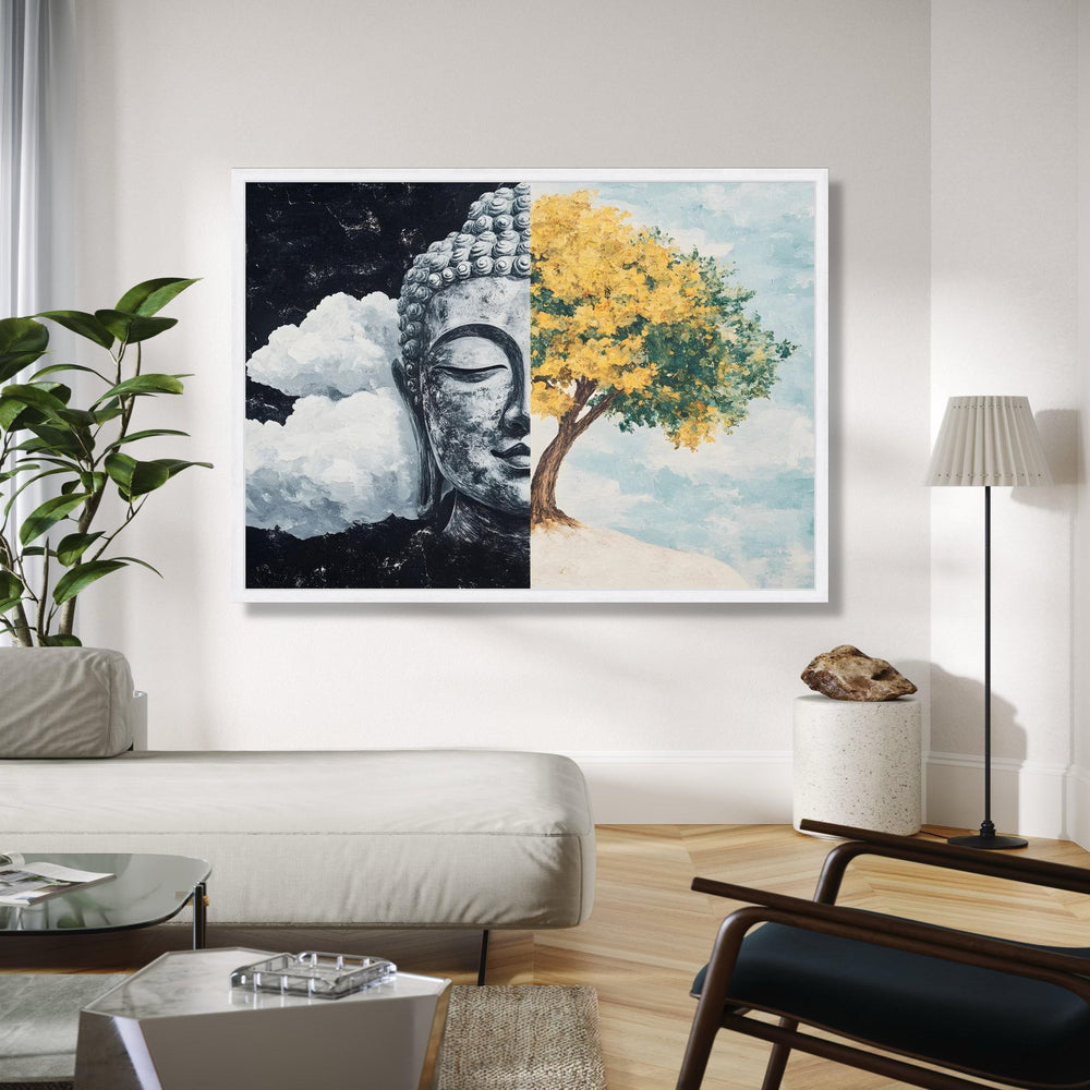 Half Buddha Face and Yellow Tree Canvas Wall Art, Spiritual Zen Decor, Meditation and Nature Landscape, Modern Gift Art, Home Decor, Print
