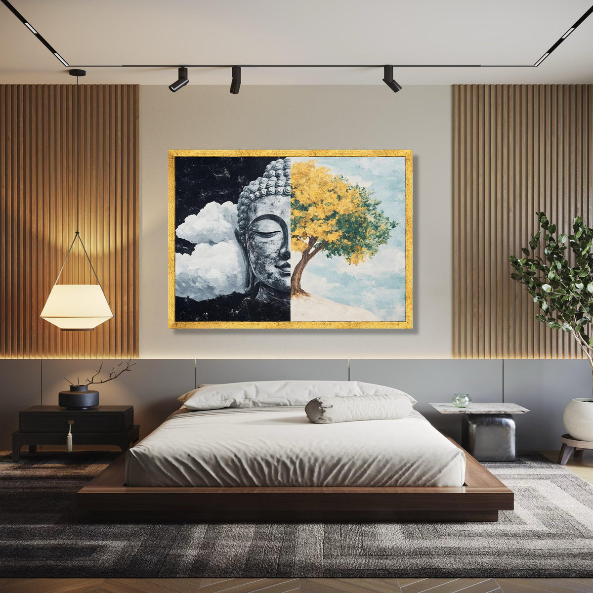 Half Buddha Face and Yellow Tree Canvas Wall Art, Spiritual Zen Decor, Meditation and Nature Landscape, Modern Gift Art, Home Decor, Print