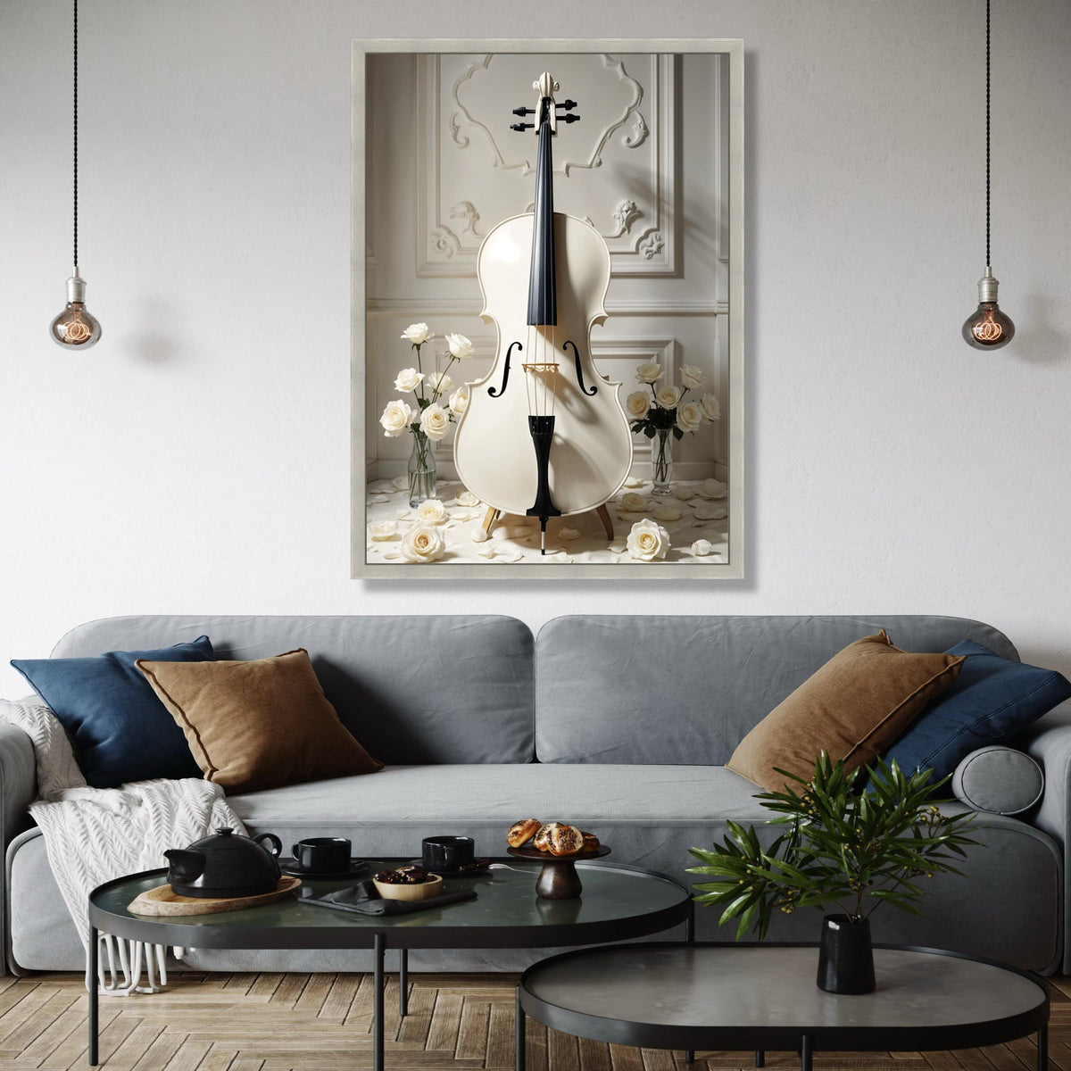 Elegant White Cello Canvas, Classic Musical Instrument Art, Romantic Rose Floral Wall Decor, Vintage Style Home Gift Art, Home Decor, Print