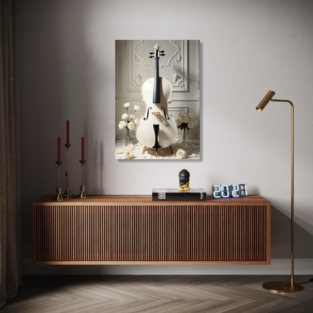 Elegant White Cello Canvas, Classic Musical Instrument Art, Romantic Rose Floral Wall Decor, Vintage Style Home Gift Art, Home Decor, Print