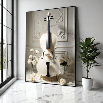 Elegant White Cello Canvas, Classic Musical Instrument Art, Romantic Rose Floral Wall Decor, Vintage Style Home Gift Art, Home Decor, Print