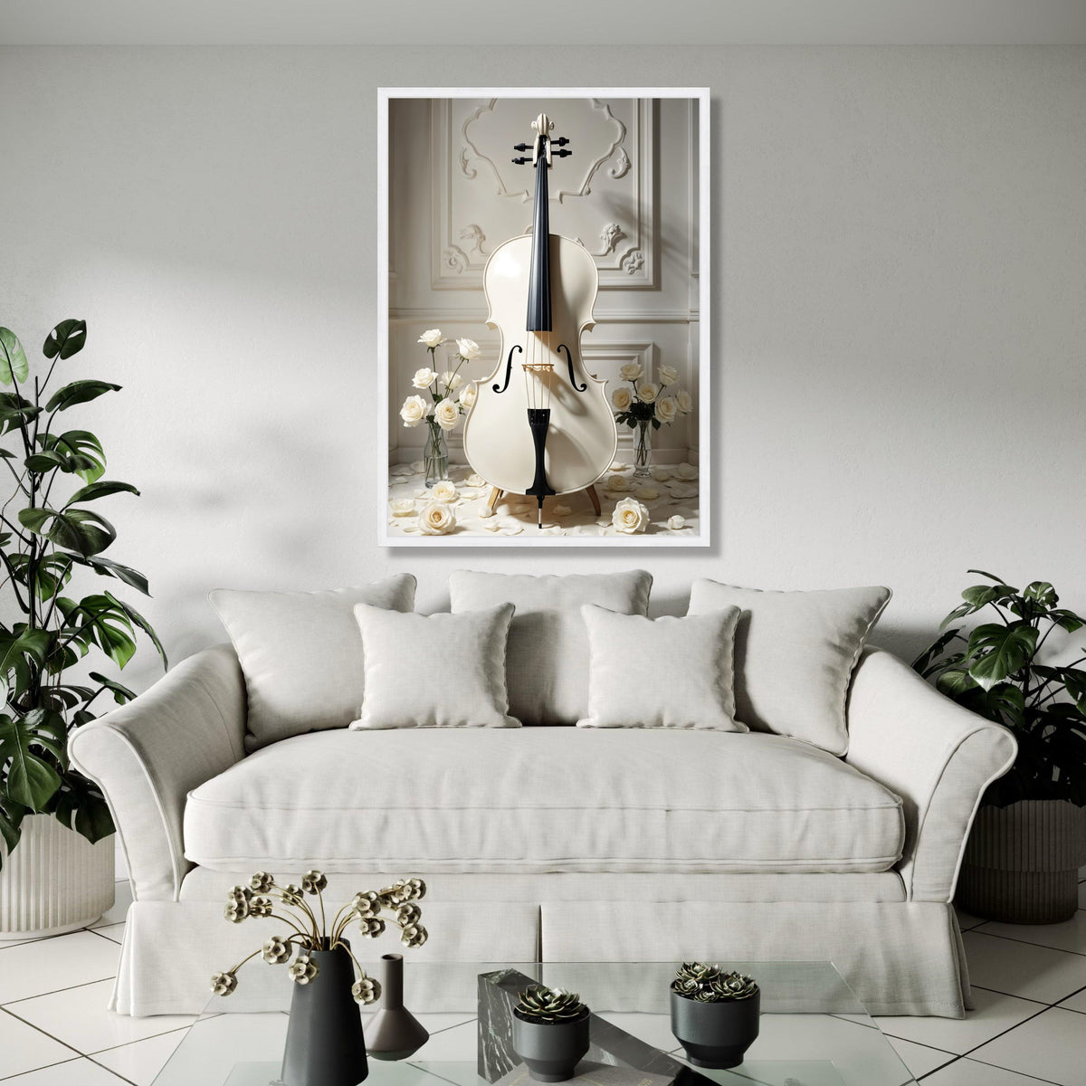 Elegant White Cello Canvas, Classic Musical Instrument Art, Romantic Rose Floral Wall Decor, Vintage Style Home Gift Art, Home Decor, Print