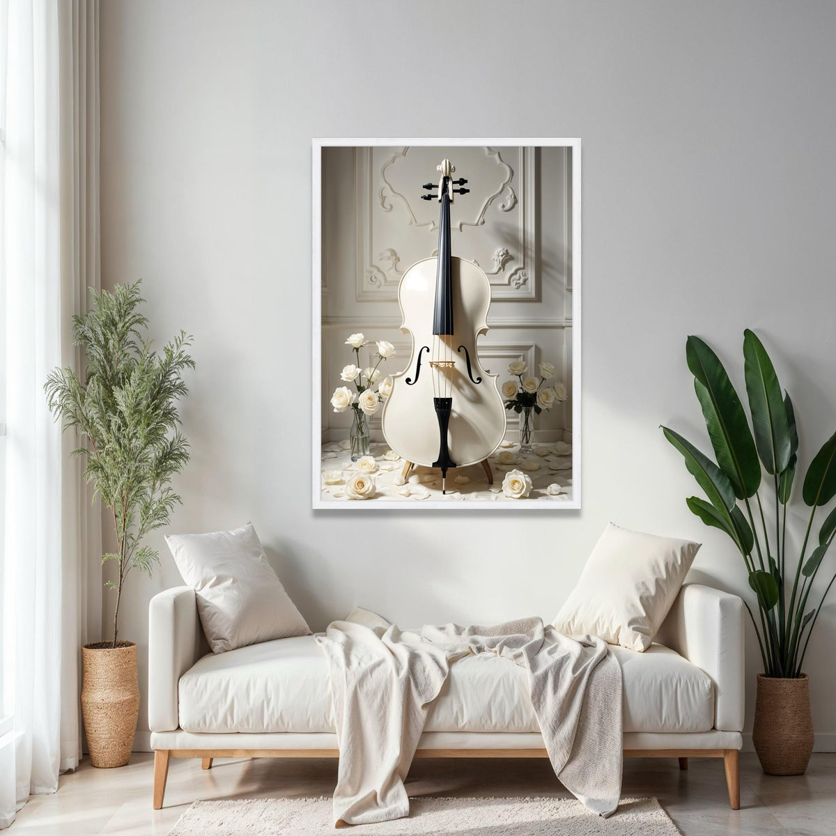 Elegant White Cello Canvas, Classic Musical Instrument Art, Romantic Rose Floral Wall Decor, Vintage Style Home Gift Art, Home Decor, Print