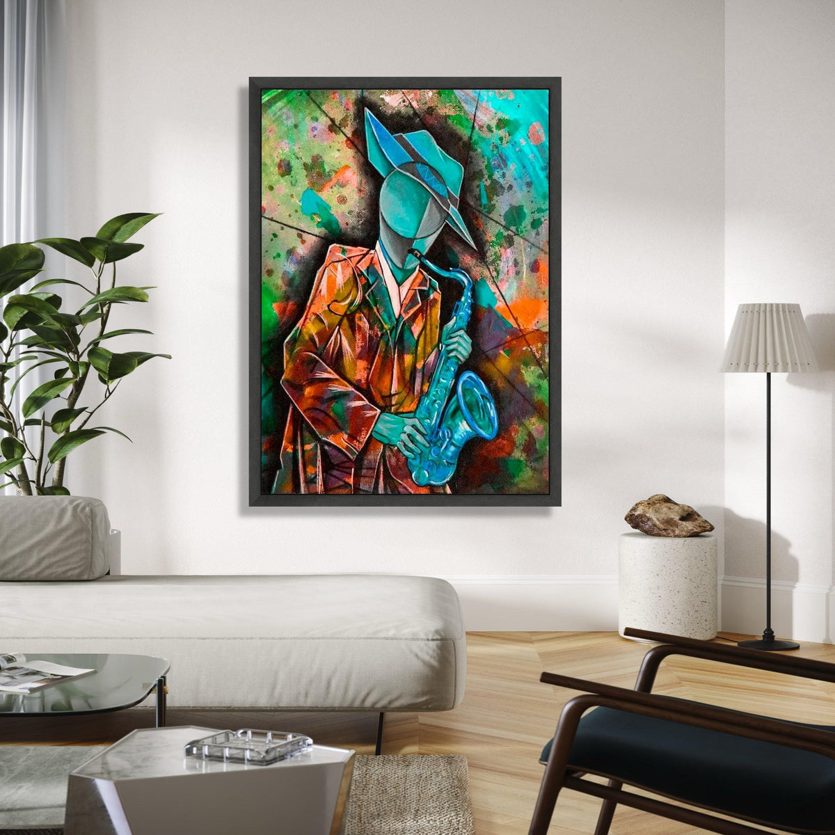 Abstract Jazz Musician Canvas, Cubist Saxophone Art, Colorful Wall Art for Music Lovers, Modern Home Decoration Gift Art, Home Decor, Print
