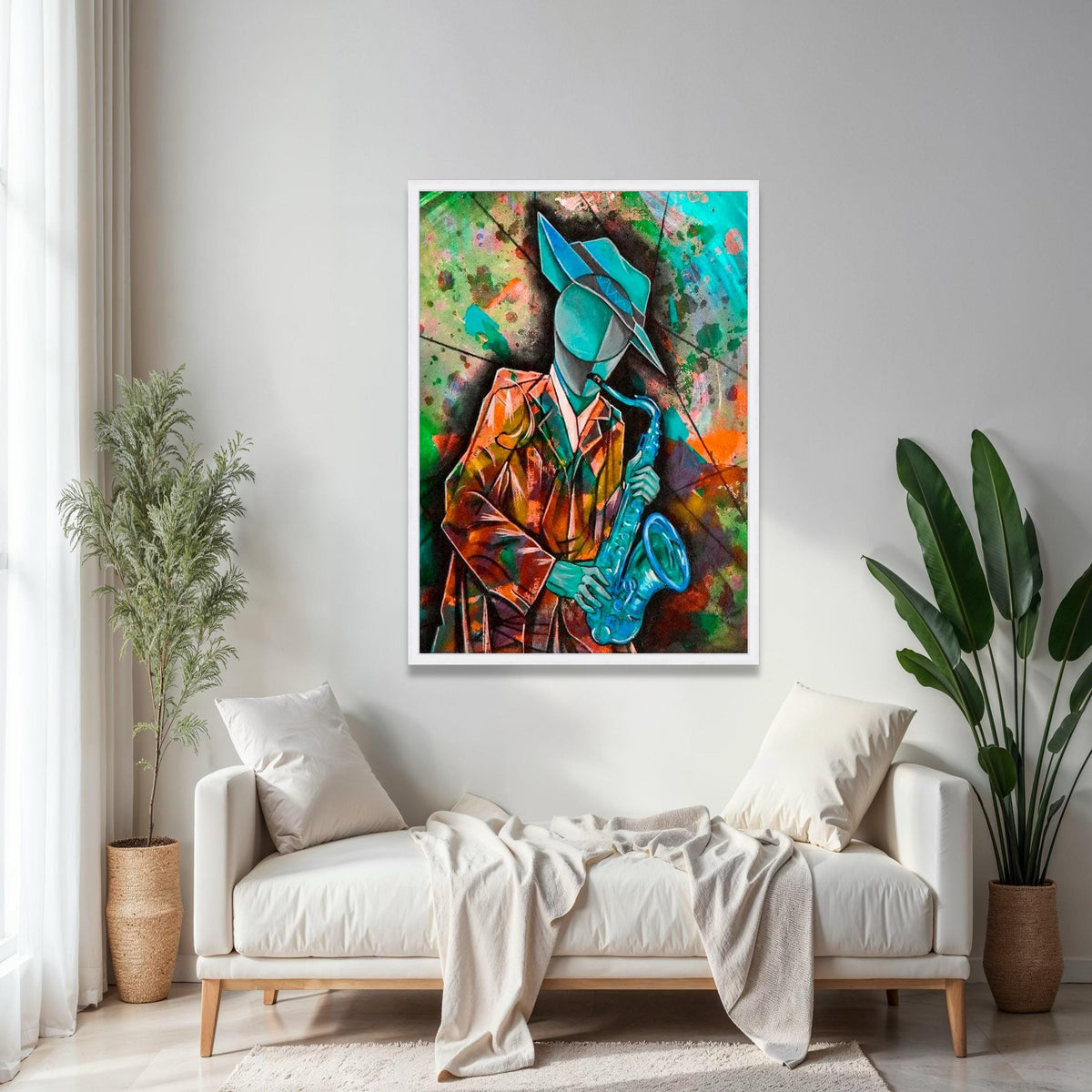 Abstract Jazz Musician Canvas, Cubist Saxophone Art, Colorful Wall Art for Music Lovers, Modern Home Decoration Gift Art, Home Decor, Print