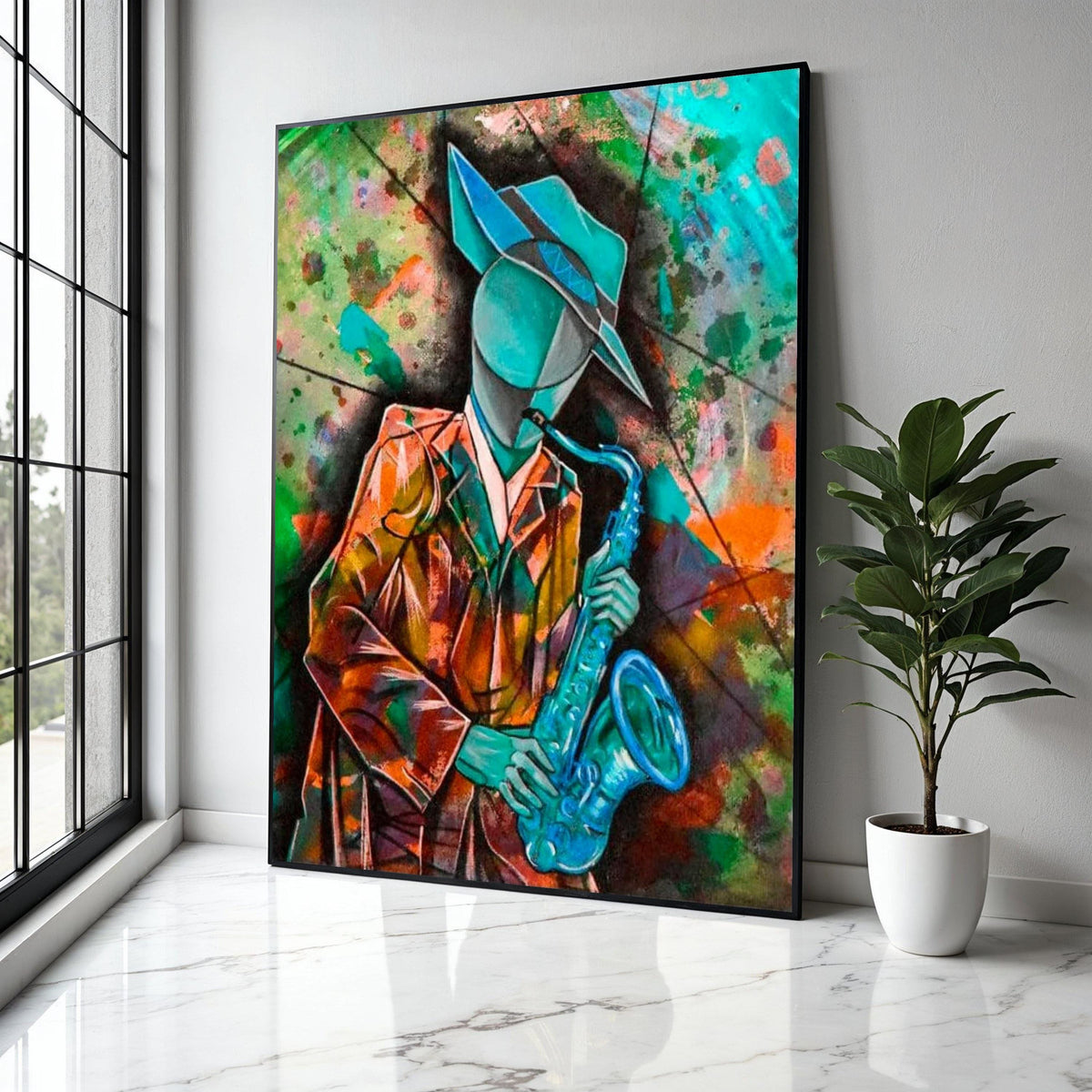 Abstract Jazz Musician Canvas, Cubist Saxophone Art, Colorful Wall Art for Music Lovers, Modern Home Decoration Gift Art, Home Decor, Print