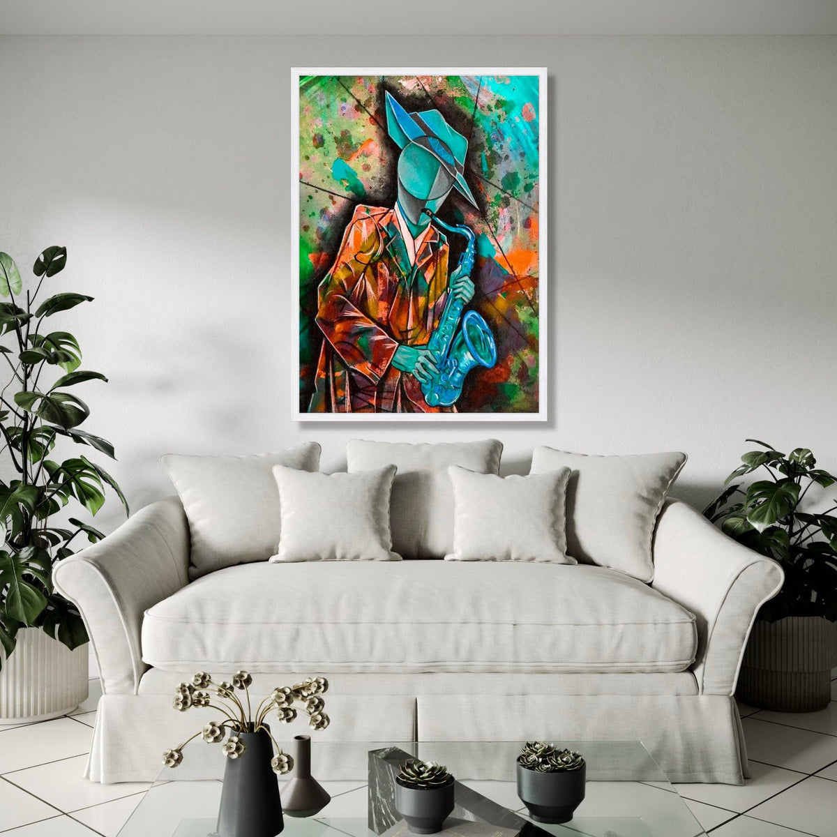 Abstract Jazz Musician Canvas, Cubist Saxophone Art, Colorful Wall Art for Music Lovers, Modern Home Decoration Gift Art, Home Decor, Print