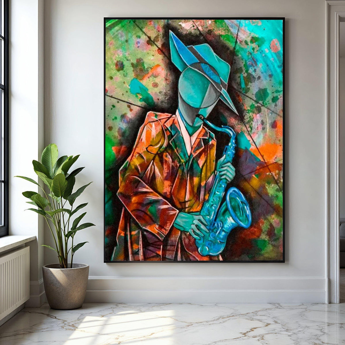 Abstract Jazz Musician Canvas, Cubist Saxophone Art, Colorful Wall Art for Music Lovers, Modern Home Decoration Gift Art, Home Decor, Print