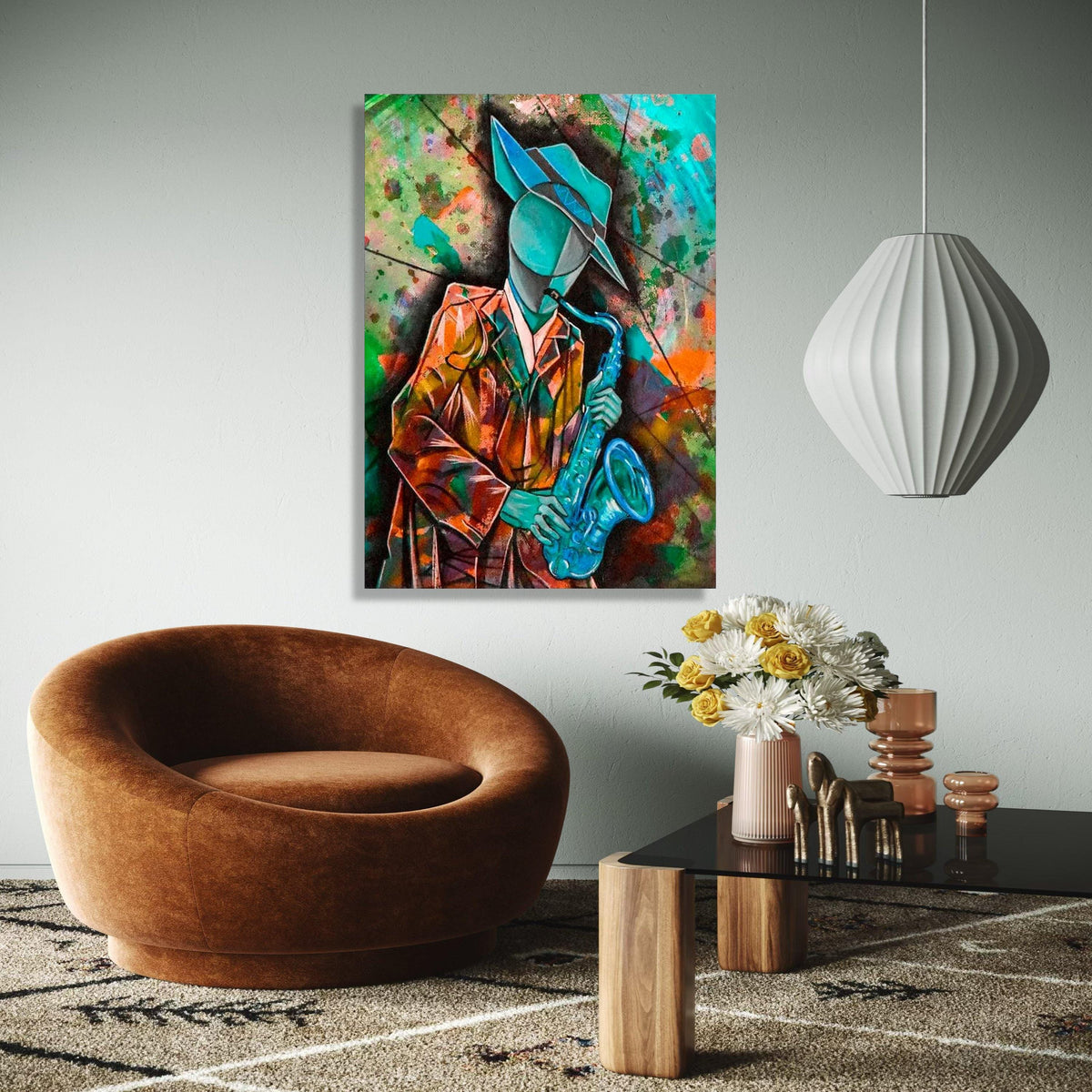 Abstract Jazz Musician Canvas, Cubist Saxophone Art, Colorful Wall Art for Music Lovers, Modern Home Decoration Gift Art, Home Decor, Print