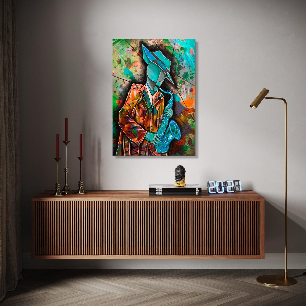 Abstract Jazz Musician Canvas, Cubist Saxophone Art, Colorful Wall Art for Music Lovers, Modern Home Decoration Gift Art, Home Decor, Print