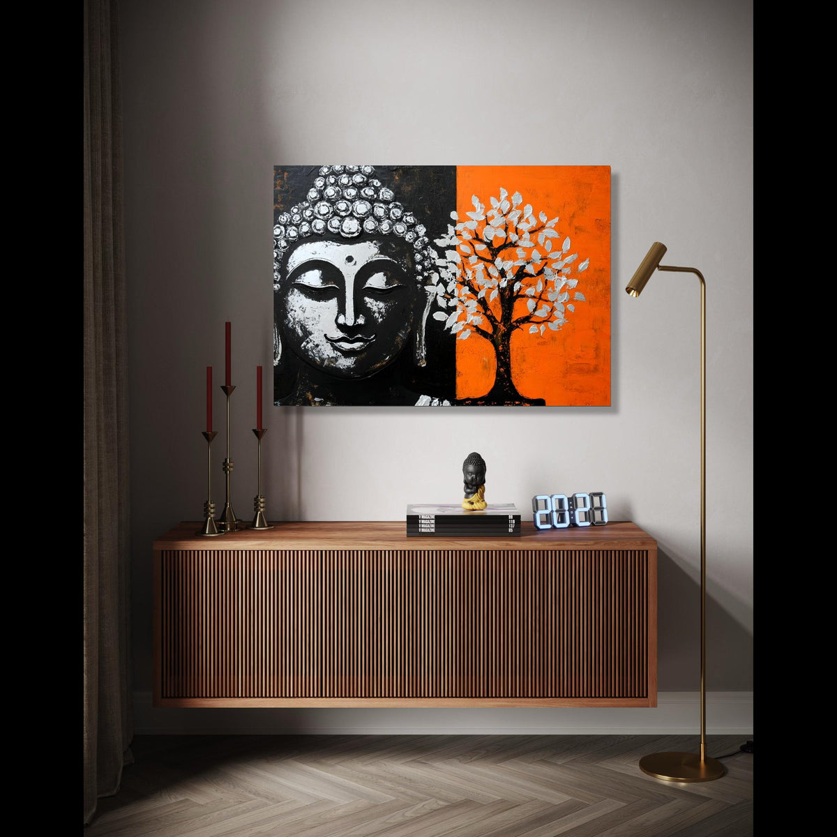 Meditative Buddha Face Canvas, Modern Tree Art, Spiritual Wall Decor, Orange and Black Canvas, Zen Home Gift Art, Home Decor, Print