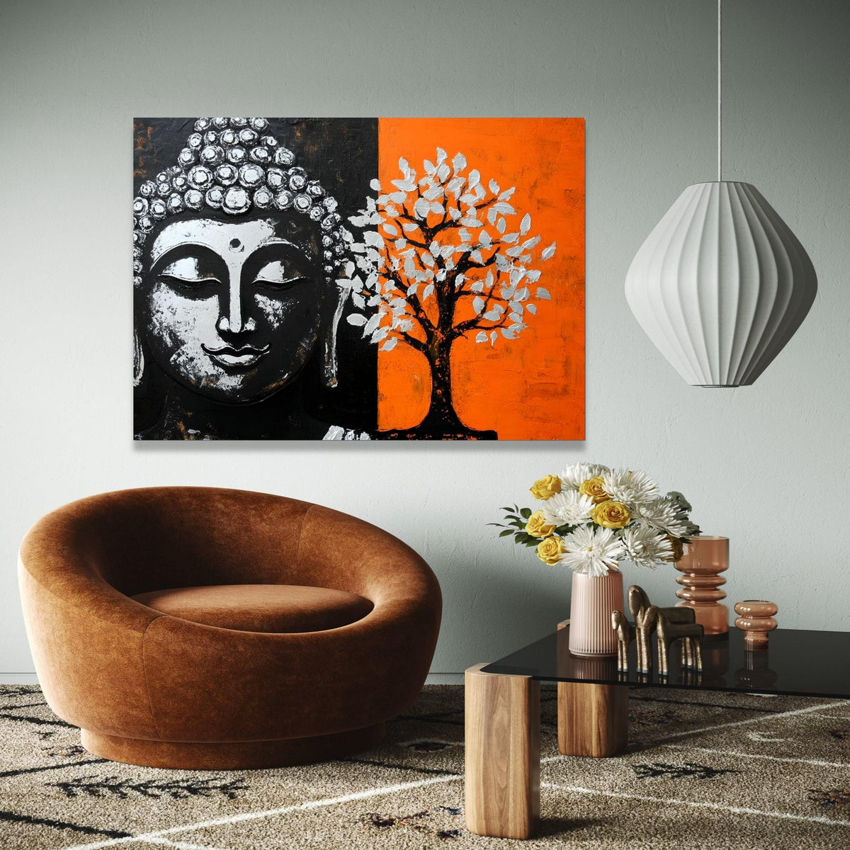 Meditative Buddha Face Canvas, Modern Tree Art, Spiritual Wall Decor, Orange and Black Canvas, Zen Home Gift Art, Home Decor, Print