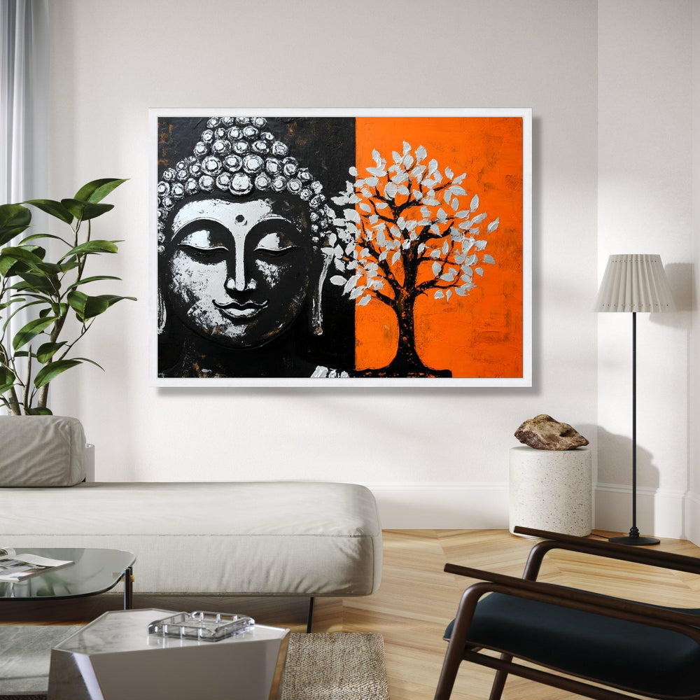 Meditative Buddha Face Canvas, Modern Tree Art, Spiritual Wall Decor, Orange and Black Canvas, Zen Home Gift Art, Home Decor, Print