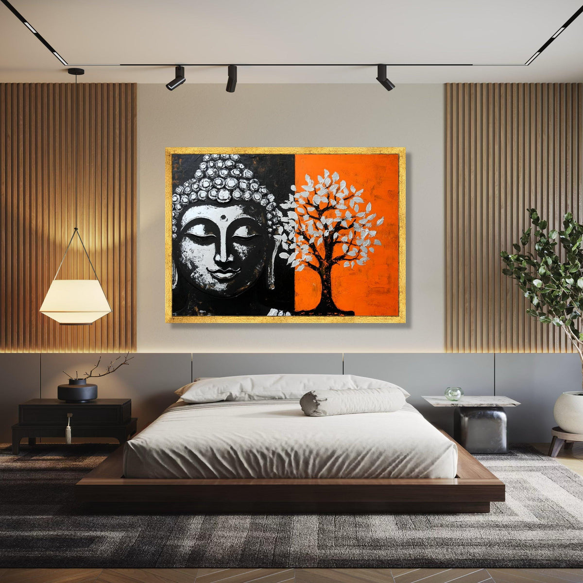 Meditative Buddha Face Canvas, Modern Tree Art, Spiritual Wall Decor, Orange and Black Canvas, Zen Home Gift Art, Home Decor, Print