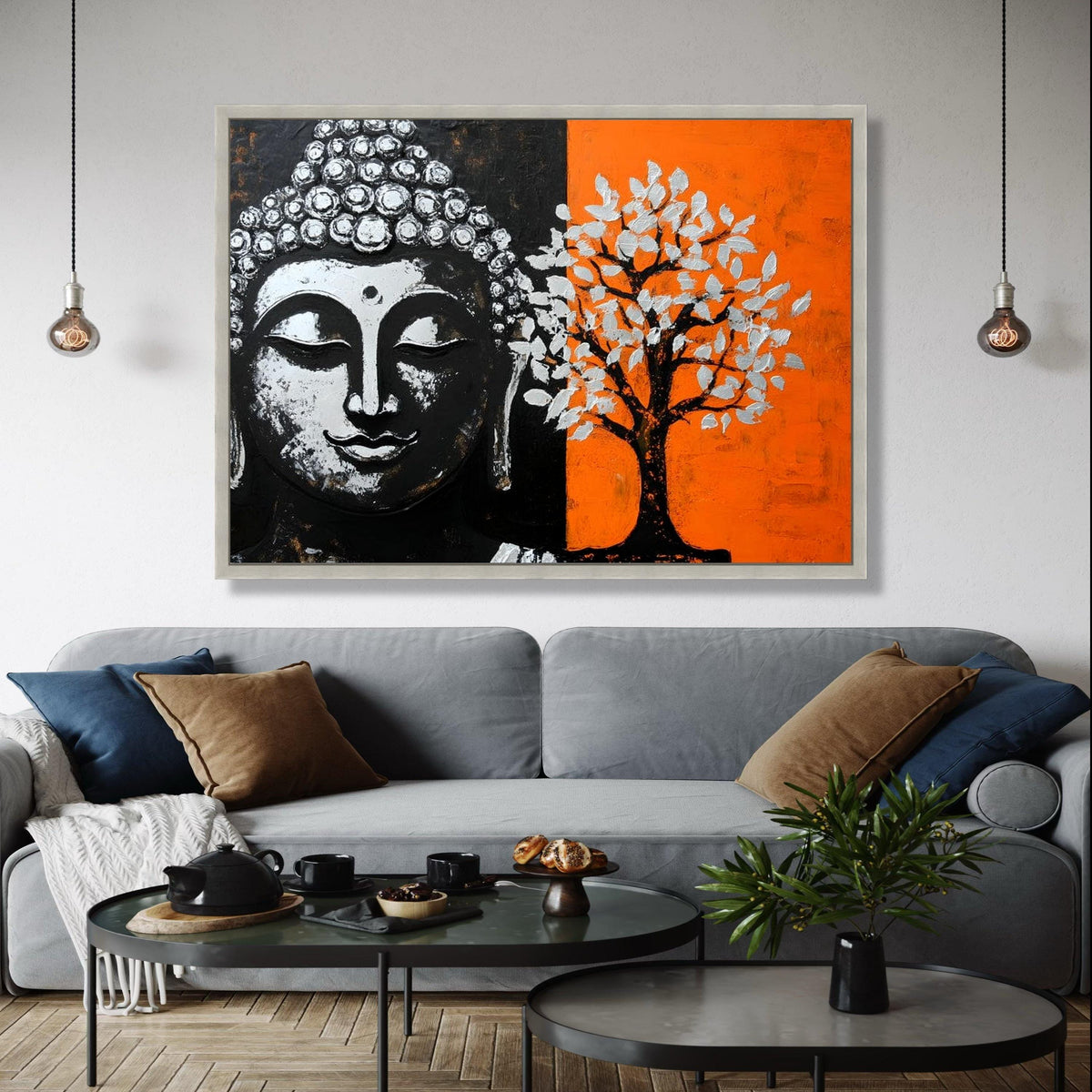 Meditative Buddha Face Canvas, Modern Tree Art, Spiritual Wall Decor, Orange and Black Canvas, Zen Home Gift Art, Home Decor, Print