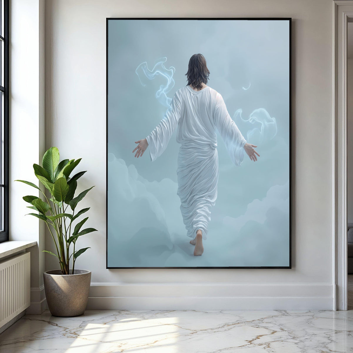 Jesus Walking on Clouds Canvas, Spiritual Christian Wall Art, White Robe Religious Canvas, Inspirational Faith Gift Art, Home Decor, Print