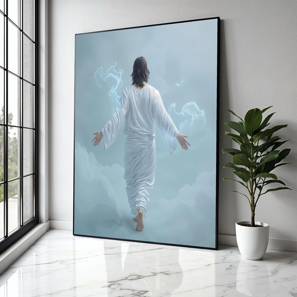 Jesus Walking on Clouds Canvas, Spiritual Christian Wall Art, White Robe Religious Canvas, Inspirational Faith Gift Art, Home Decor, Print