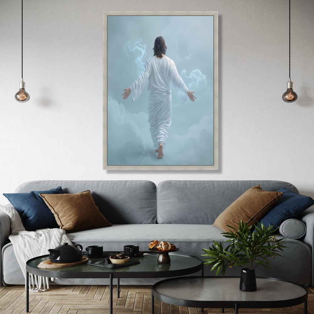 Jesus Walking on Clouds Canvas, Spiritual Christian Wall Art, White Robe Religious Canvas, Inspirational Faith Gift Art, Home Decor, Print