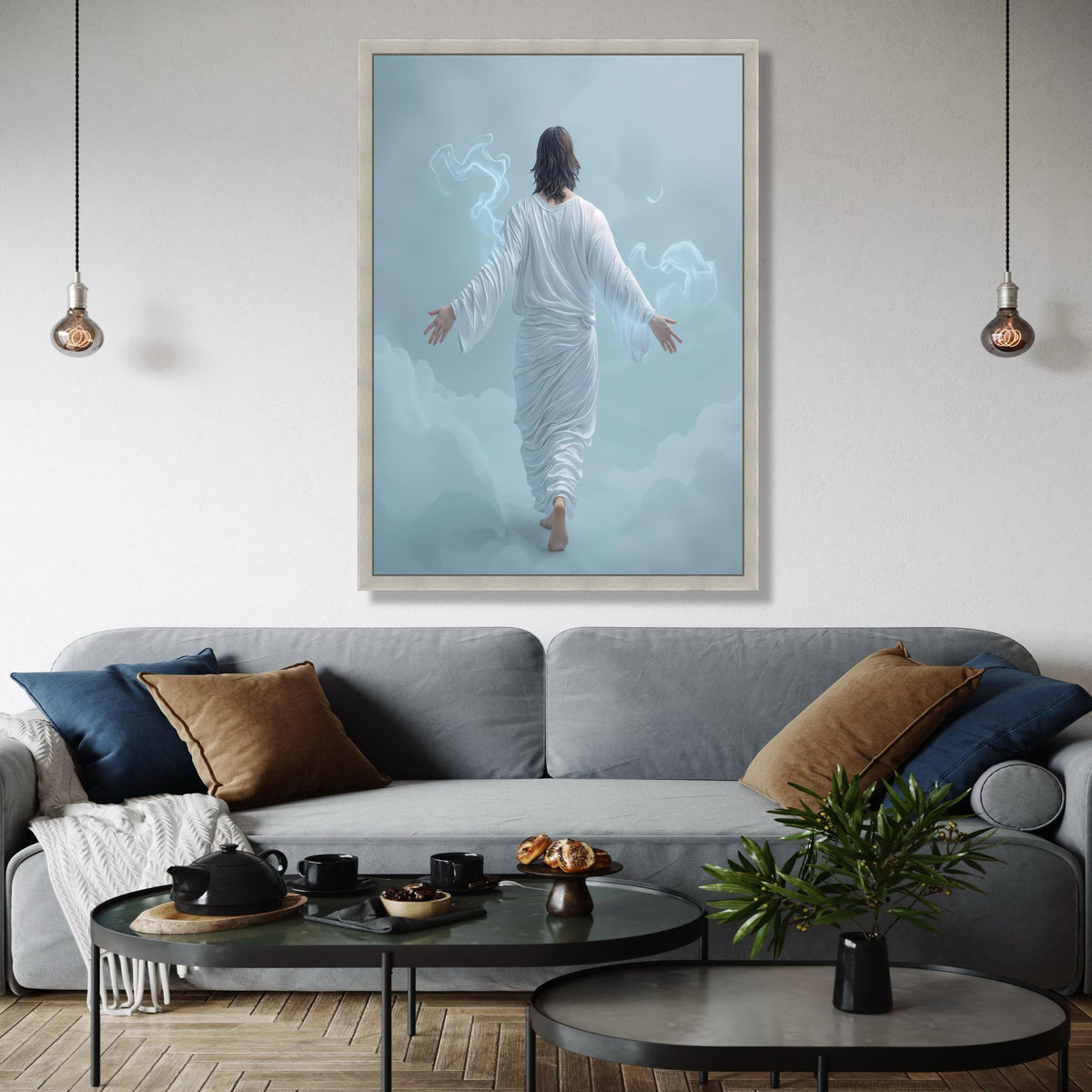 Jesus Walking on Clouds Canvas, Spiritual Christian Wall Art, White Robe Religious Canvas, Inspirational Faith Gift Art, Home Decor, Print