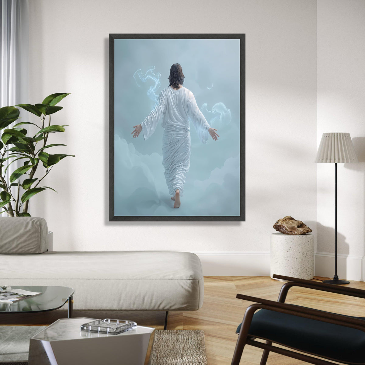 Jesus Walking on Clouds Canvas, Spiritual Christian Wall Art, White Robe Religious Canvas, Inspirational Faith Gift Art, Home Decor, Print