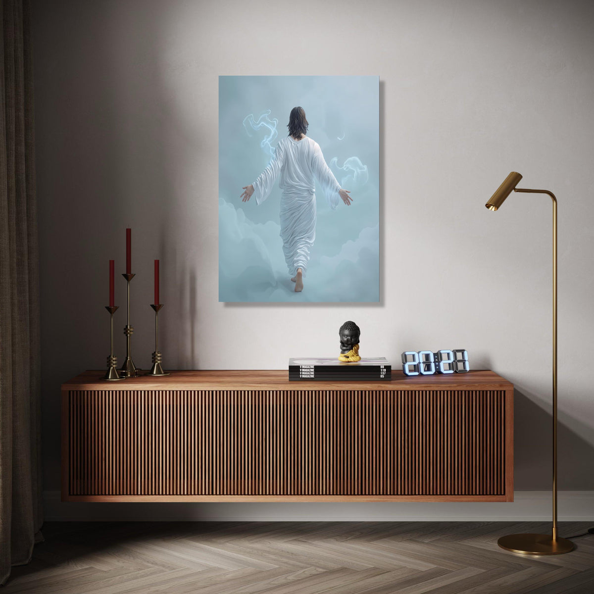 Jesus Walking on Clouds Canvas, Spiritual Christian Wall Art, White Robe Religious Canvas, Inspirational Faith Gift Art, Home Decor, Print