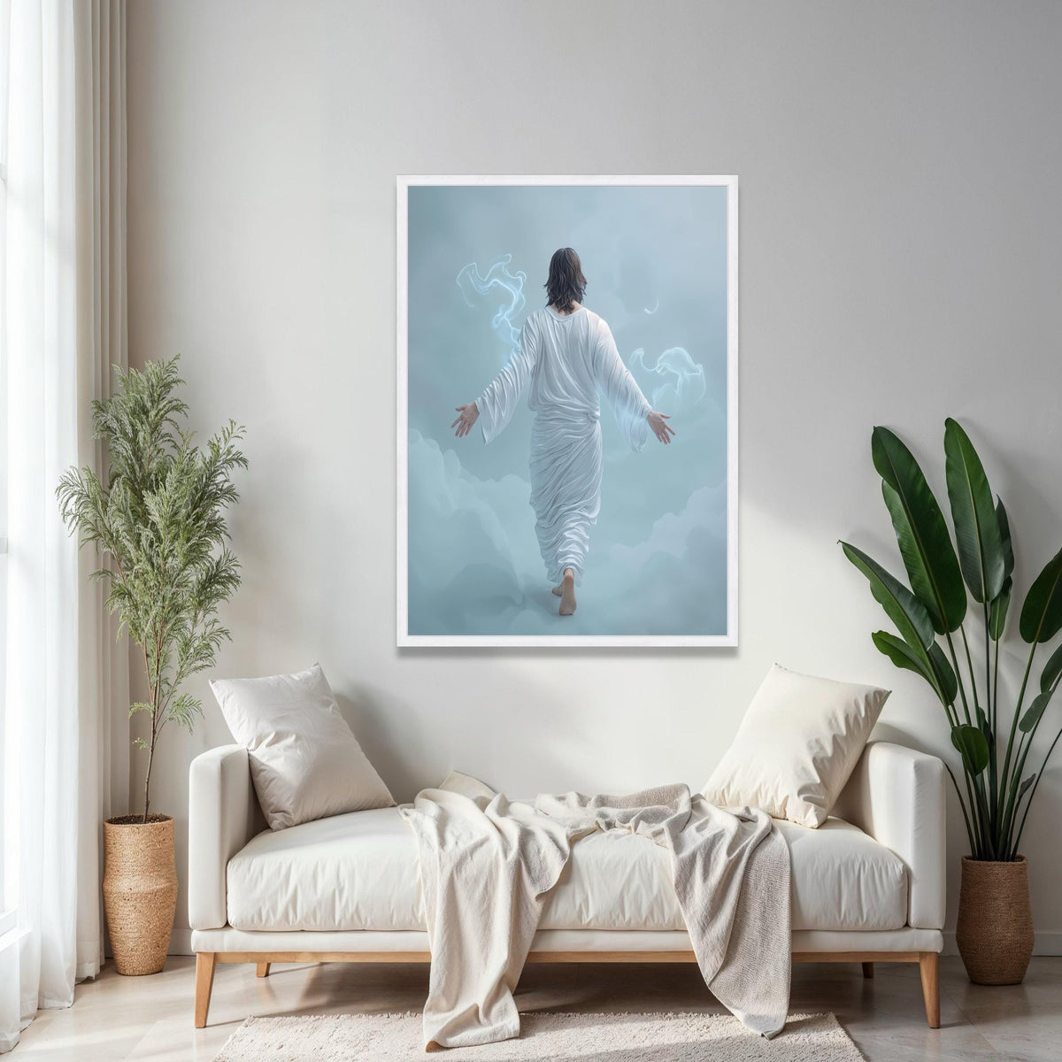 Jesus Walking on Clouds Canvas, Spiritual Christian Wall Art, White Robe Religious Canvas, Inspirational Faith Gift Art, Home Decor, Print