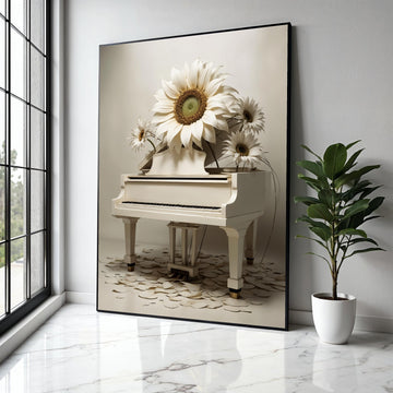 Elegant White Piano with Large Sunflower Canvas Wall Art, Contemporary Floral Music Decor, Artistic Home Gift Art, Home Decor, Print