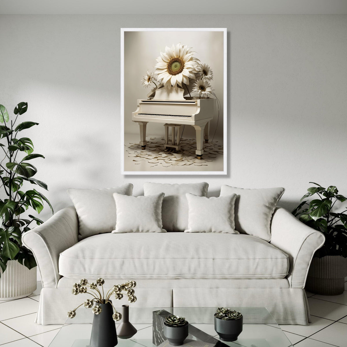 Elegant White Piano with Large Sunflower Canvas Wall Art, Contemporary Floral Music Decor, Artistic Home Gift Art, Home Decor, Print