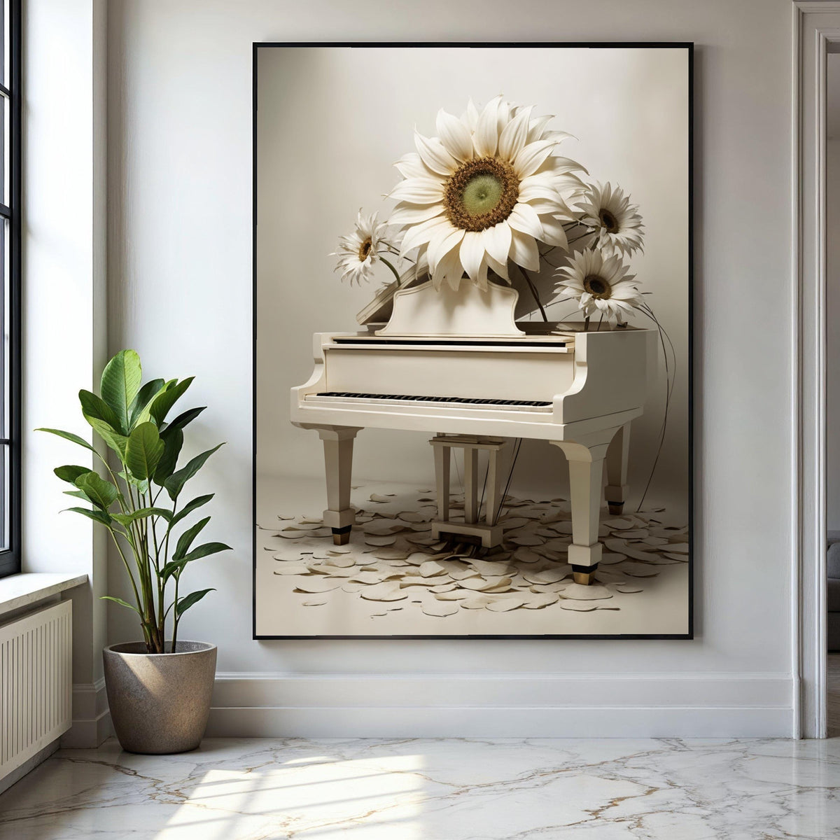 Elegant White Piano with Large Sunflower Canvas Wall Art, Contemporary Floral Music Decor, Artistic Home Gift Art, Home Decor, Print