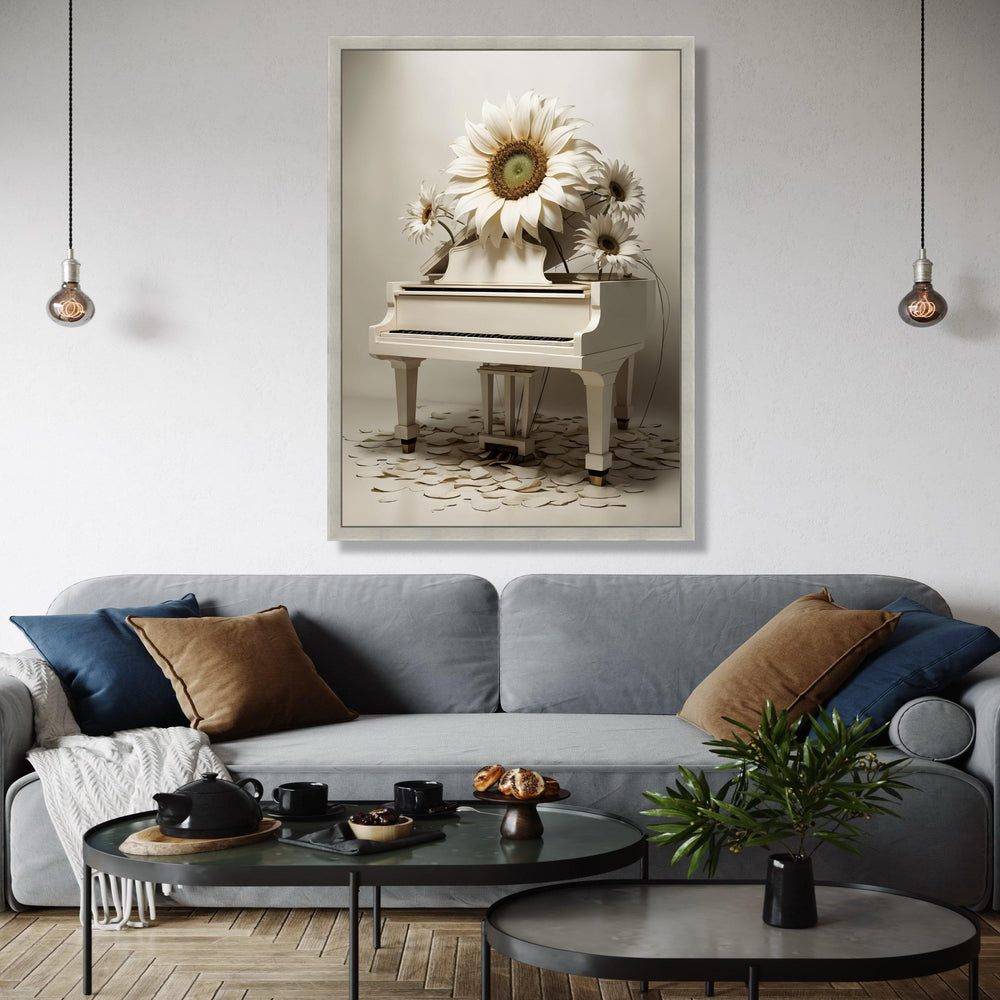 Elegant White Piano with Large Sunflower Canvas Wall Art, Contemporary Floral Music Decor, Artistic Home Gift Art, Home Decor, Print