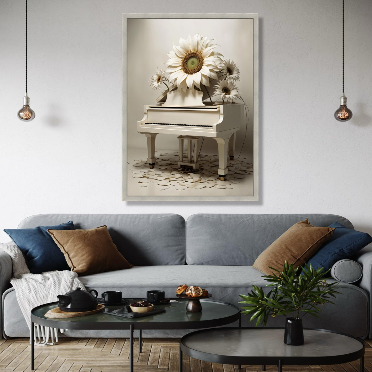 Elegant White Piano with Large Sunflower Canvas Wall Art, Contemporary Floral Music Decor, Artistic Home Gift Art, Home Decor, Print
