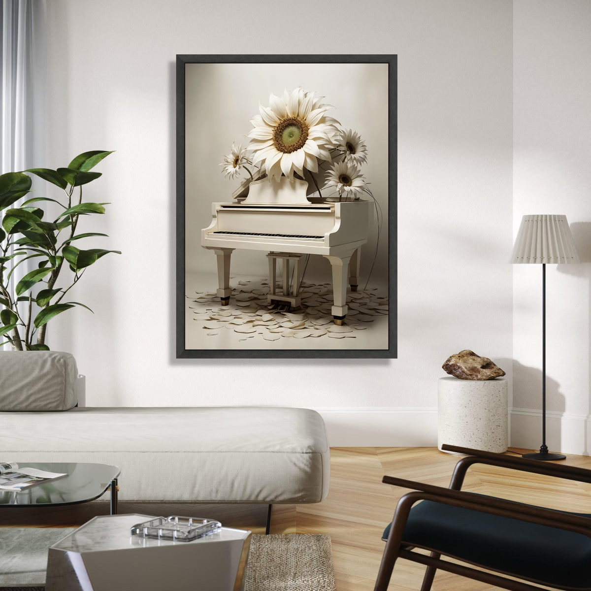 Elegant White Piano with Large Sunflower Canvas Wall Art, Contemporary Floral Music Decor, Artistic Home Gift Art, Home Decor, Print